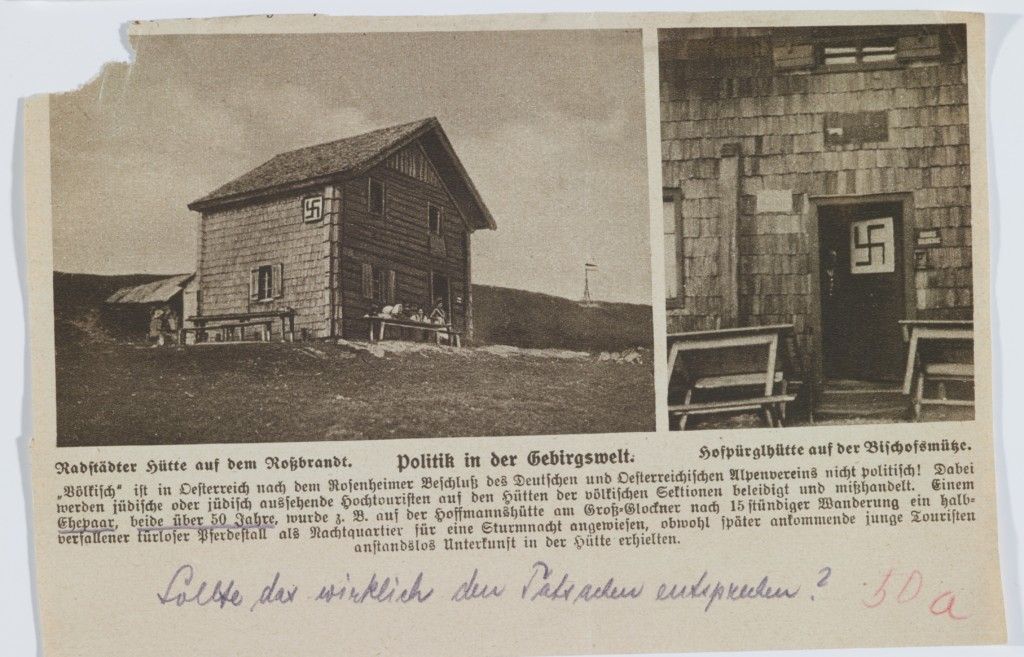 Zeitungsausriss mit Meldung über Hakenkreuze an der Radstädter Hütte, mit handschriftlichem Kommentar eines Hauptausschuss-Mitglieds des Alpenvereins.
